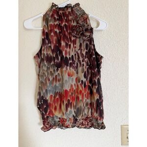 BCX Womens Abstract Print Smocked High Neck Rosette Blouse MD Granola Grunge